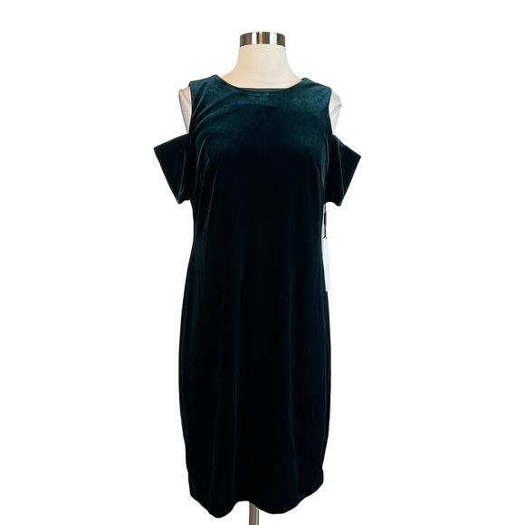 Calvin Klein Women's Cocktail Dress Size 12 Green Velvet Cut Out Shoulder Sheath - Picture 1 of 11